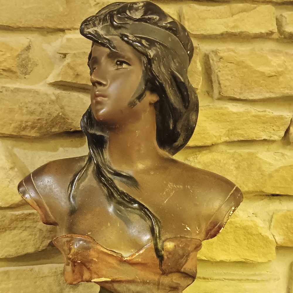 Rare Antique Bust, Art Nouveau Chalkware Titled "Atala", signed